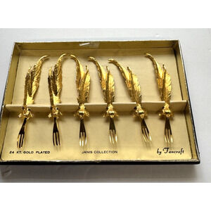 6 Vintage Tancraft Janis Collection 24K Gold Plated Leaf Design Cocktail Forks